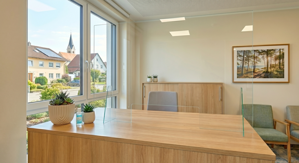 Empfangstresen mit streifenfreier Glasscheibe, sauberen Bildschirmen und keimfrei abgewischten Kontaktflächen