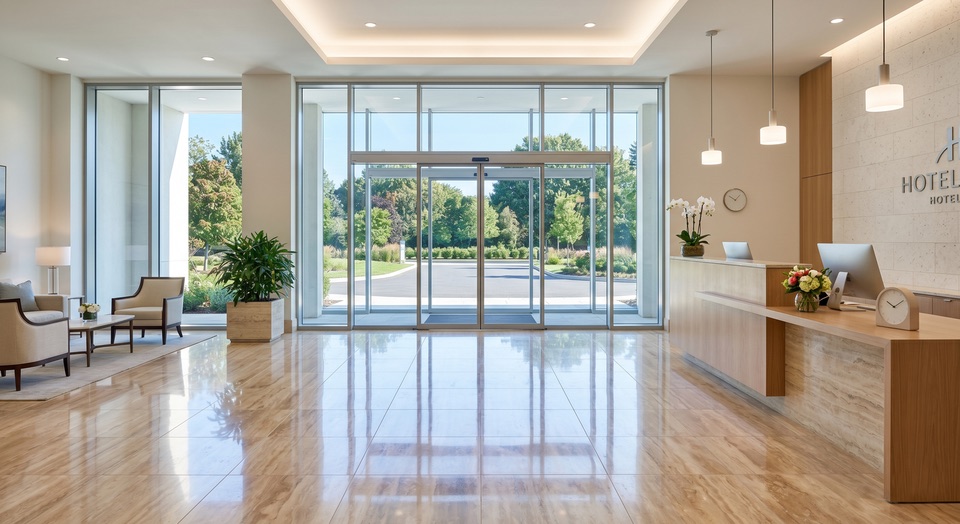 Lobby mit gl&auml;nzenden Natursteinb&ouml;den, streifenfreier Eingangsverglasung und sauberer Rezeption