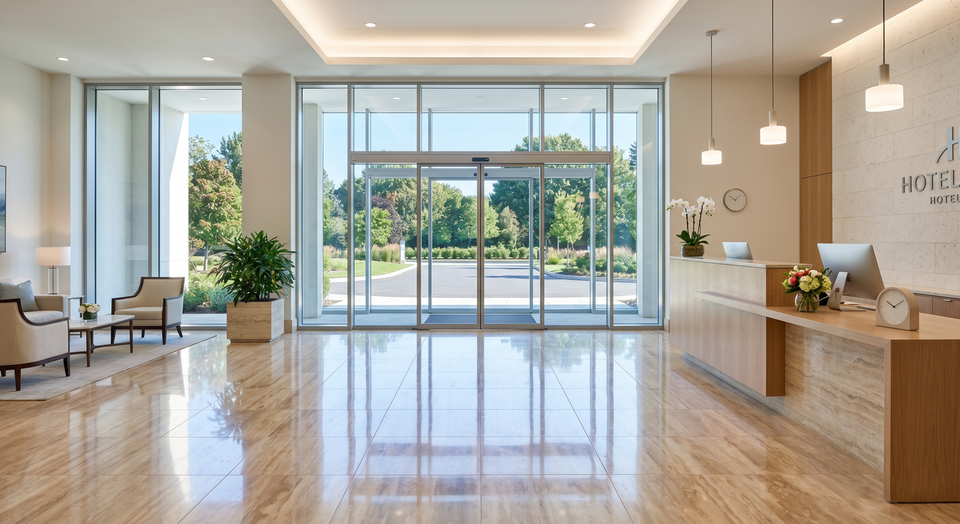Lobby mit glänzenden Natursteinböden, streifenfreier Eingangsverglasung und sauberer Rezeption