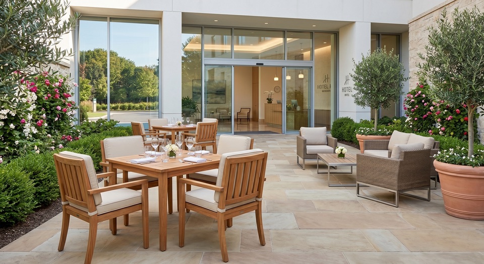 Hotel-Terrasse mit gereinigten St&uuml;hlen und Tischen, gekehrtem Steinboden und gepflegten Pflanzen