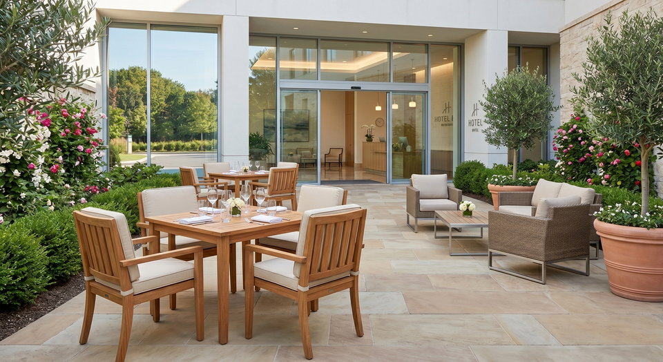 Hotel-Terrasse mit gereinigten Stühlen und Tischen, gekehrtem Steinboden und gepflegten Pflanzen