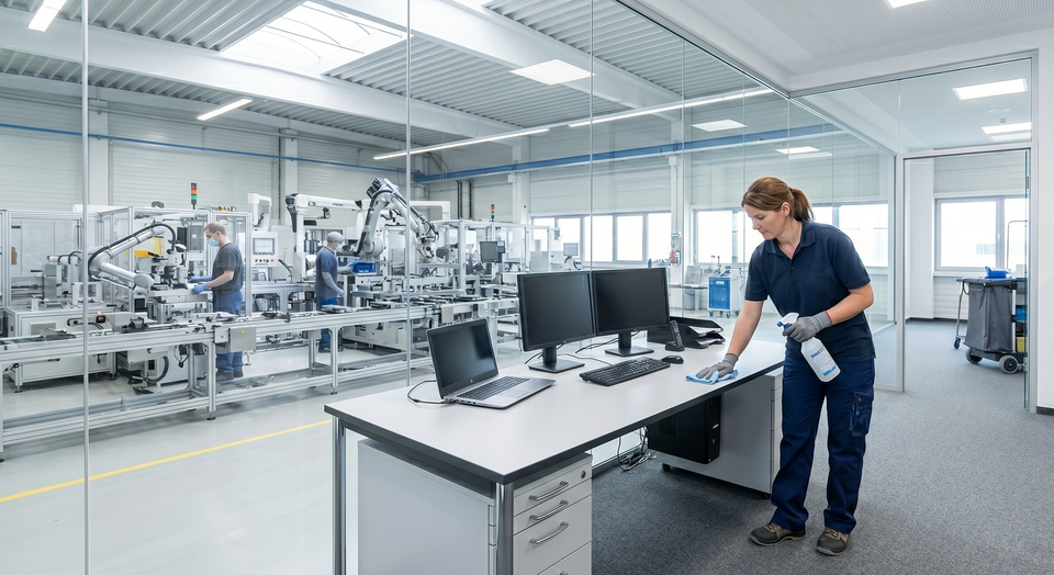 Produktionsbegleitende Büros mit gewischten Schreibtischen, sauberer Verglasung und gesaugtem Boden